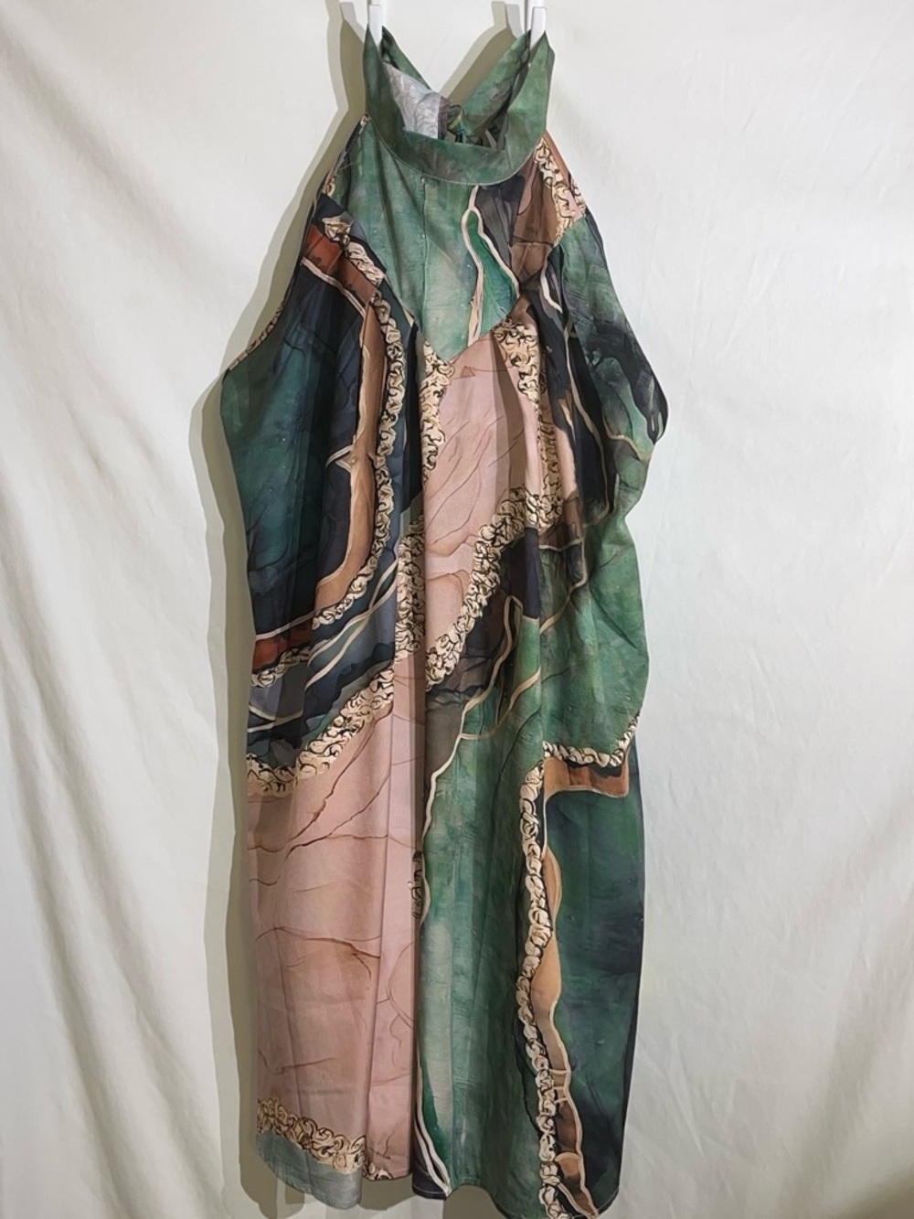 Sleeveless Halter Midi Dress in Green and Blush